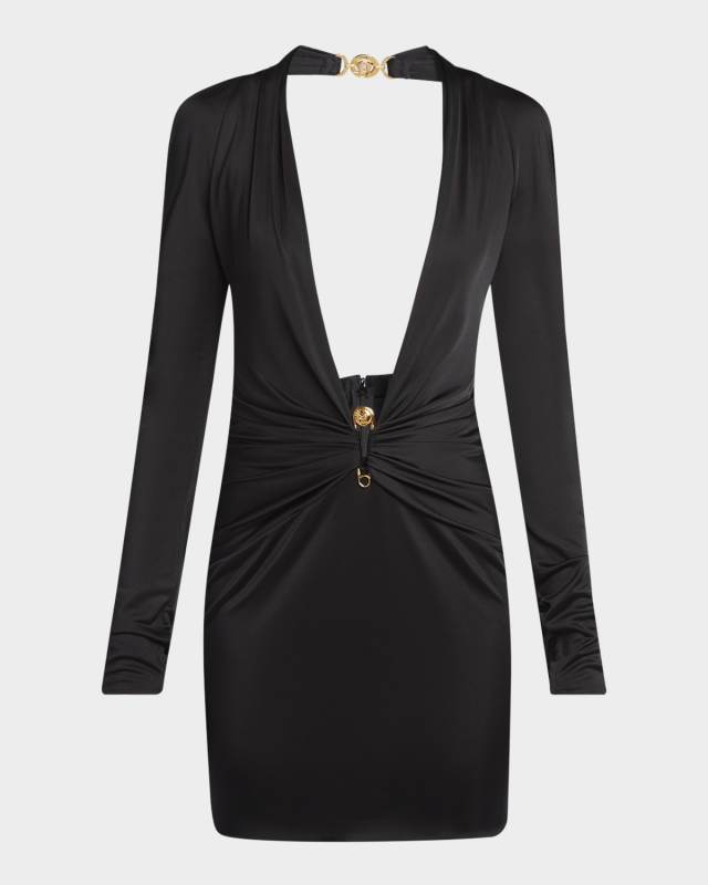 Plunging Safety-Pin Ruched Responsible Liquid Jersey Mini Dress